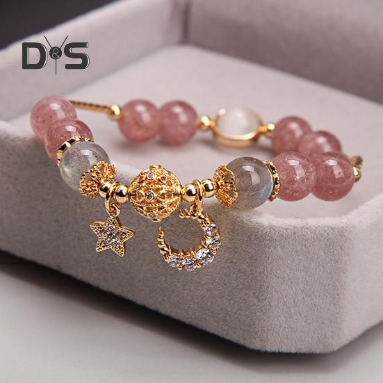 Women Bracelet Smooth Bead Polished Star Moon Pendant Rhinestone Adjustable Shopping Work Party Dating Wrist Chain Lady Jewelry