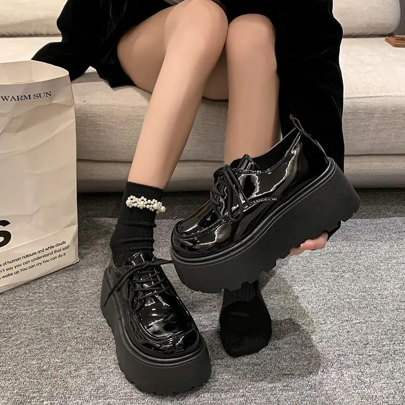 Fashion JK Uniform Shoes Women New Black Small Leather Shoes Platform Loafers Girls' Japanese Style College Style Lace Up Oxford Shoes