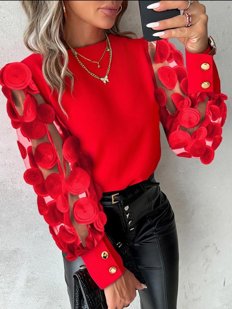 Camicia da Donna Autunnale a Maniche Lunghe alla Moda con Scollo Rotondo e Maniche a Volant Abbigliamento da Donna