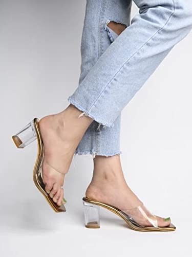 

Women S Clear Block Heel Mules Copper || Transparent Strap Slip-On Sandals || Open Toe Chunky Heels Eu36 5 UK