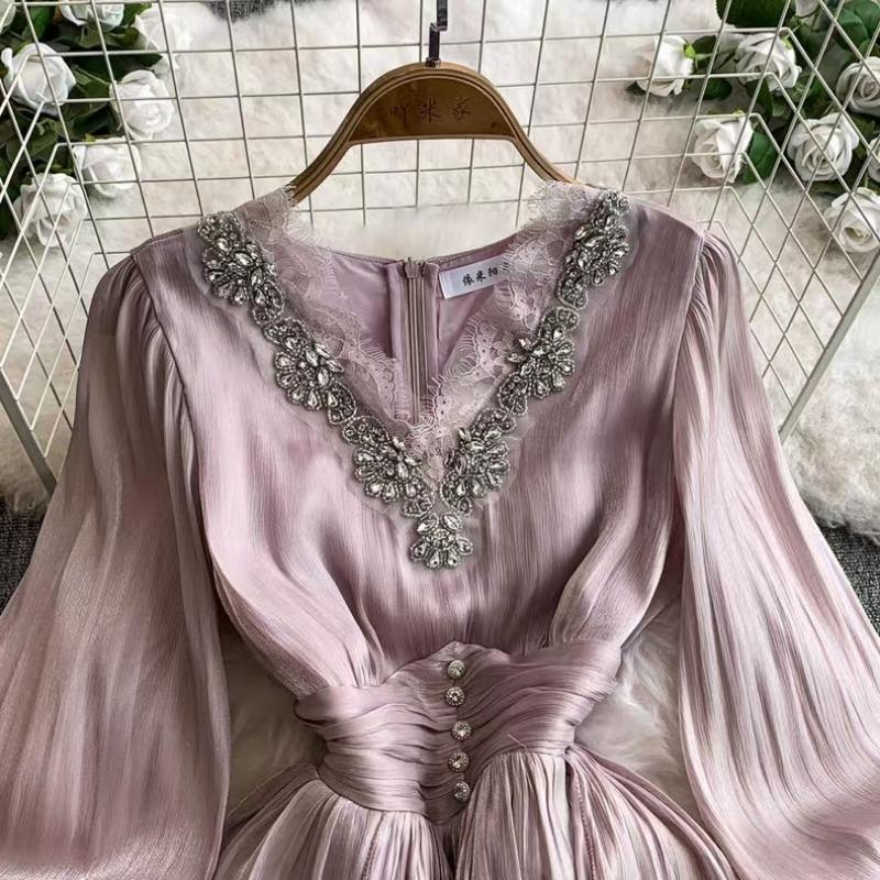 Women's Wear French High-end Elegant Dress Fashion Beaded Diamond V-neck Waist Temperament Court Style Long Dress