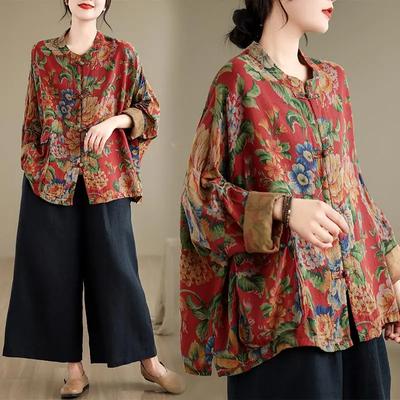 Retro-Hemd aus Baumwolle und Leinen im Ethno-Stil mit großen Blumen, Frühlings-Chinesisch-Cardigan mit Knöpfen, Fledermausärmel