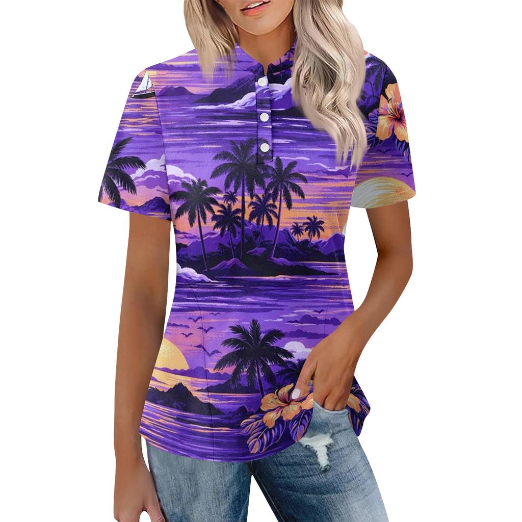 Women's Casual Polo Shirt Loose Fit Short Sleeve Top Button Placket Lightweight Breathable Fabric Summer Style
