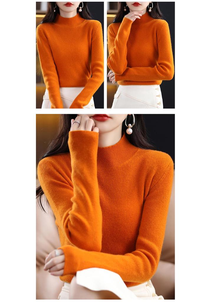 Women's Slim Fit High-Neck Wool Sweater - Long Sleeve Knit Base Layer for Autumn/Winter