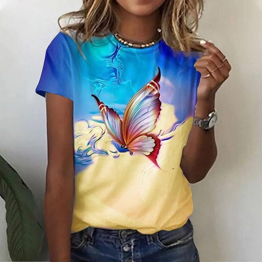 2026 New Romantic Retro 3D Printed Butterfly Pattern Women's T-shirt Round Neck Short Sleeved Fun Casual Insect Personality