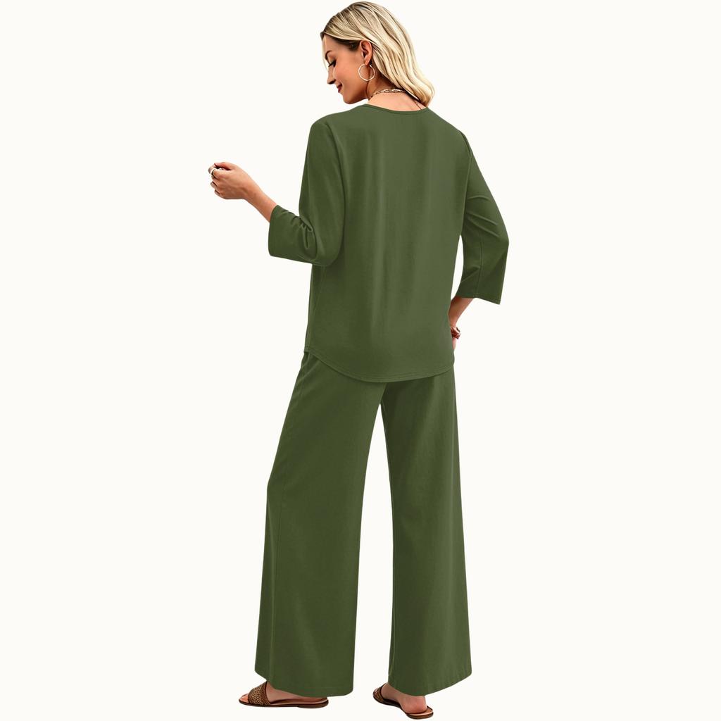 Women’s Casual Loose Fit Round Neck Three Quarter Sleeve Top and Wide Leg Pants Two Piece Set for Everyday Wear