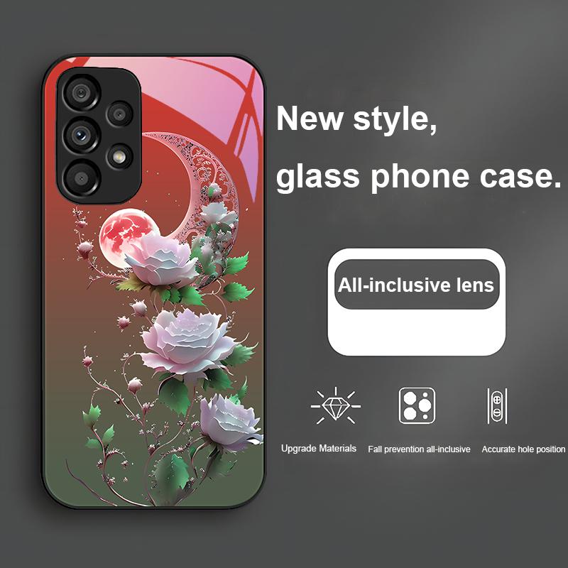 Full Moon Rose Blue For Samsung Galaxy Note 8 9 S10 Plus S20 S21 FE S23 Ultra A70 72 73 50 51 52 53 Tempered Glass Phone Case