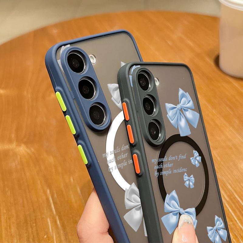 Bowknot Pattern Clear Magnetic Case For Samsung S25 S24 FE S23 Ultra S22 A56 A36 A15 A55 A35 Wireless Charge Shockproof Slim Matte Hone Cover