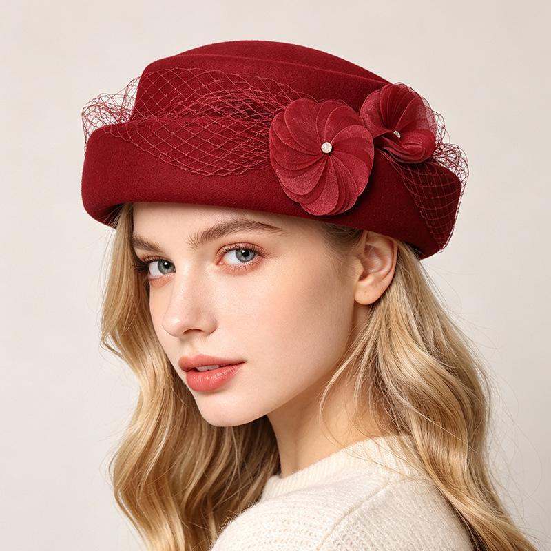 National Style Silk Hemp Pearl Flower Beret Children Autumn and Winter Australian Wool Felt Hat Heavy Industry Double Mode Mesh Top Hat