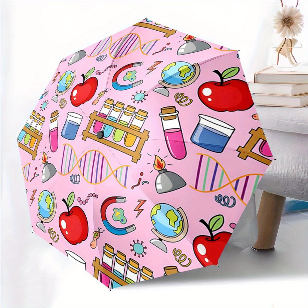 Automatic Folding Umbrella Science-themed illustrations on a pink background. Portable collapsible design, casual outdoor acce