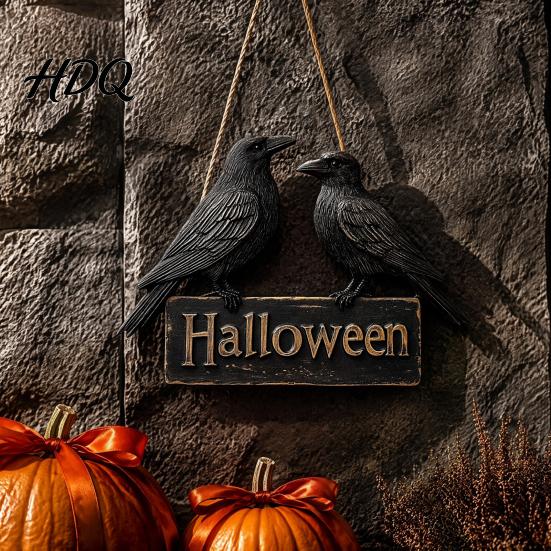 Creative Halloween Gifts Crow Welcome Sign for Front Door, Gothic Black Raven Wooden Wall Hanging Indoor Outdoor Door Hanger Plaque, 2D Flat