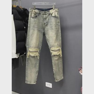 Retro Patchworkové Pánské Džíny Slim-Fit s Dírami - Trendy Evropský a Americký Styl Rovné Kalhoty na Zip
