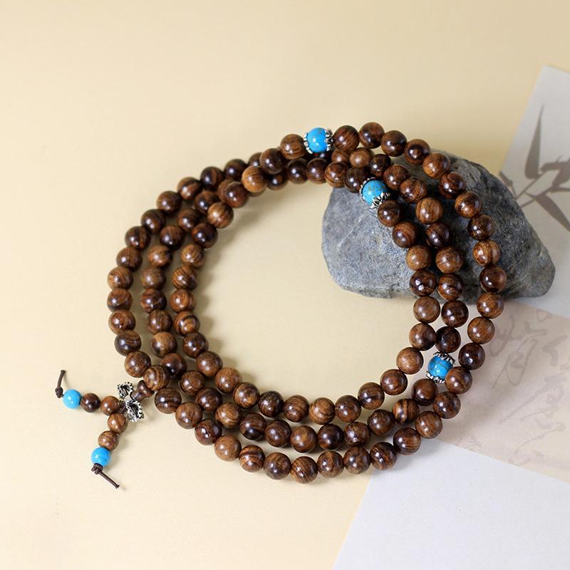 Hand Polished Wood 108 Mala Rosary Bracelet 8mm Turquoise Prayer Beads for Comfortable All Day Wear