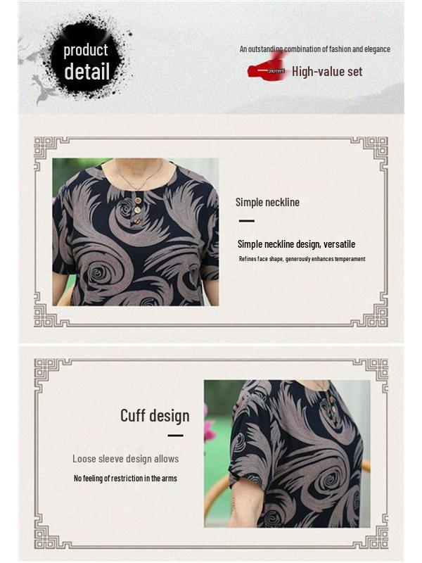 Summer Outfit: Short-Sleeve Top & Pants Set for Women in Their 60s and 70s - Cotton Silk Blend for Middle-Aged and Elderly Comfort