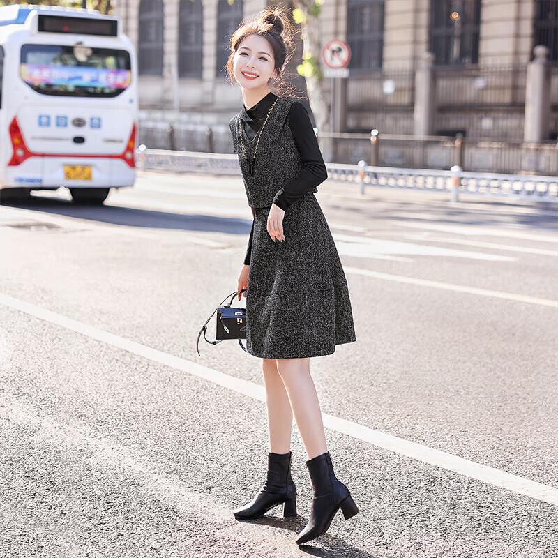 Sibaishe Women's Autumn Fake Two-Piece Midi Dress