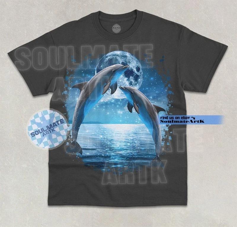 Two Dolphins Moon T-Shirt Cute Ocean Mystical Dolphin Lover Graphic Shirt S