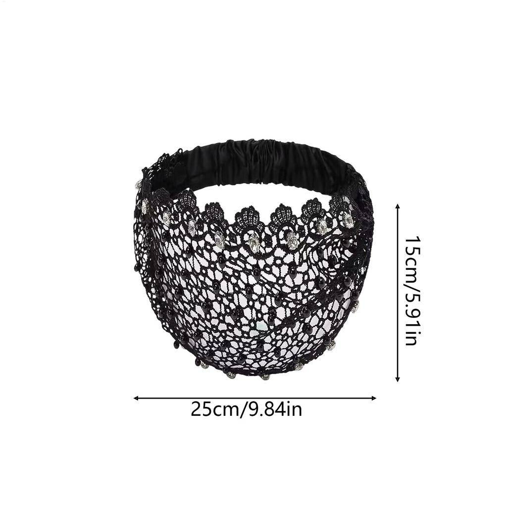 Elastic Vintage Lace Headband Eyelet Rhinestone Wide Floral Lace Pearl Head Wrap for Daily Outing Party Dating Holiday Use