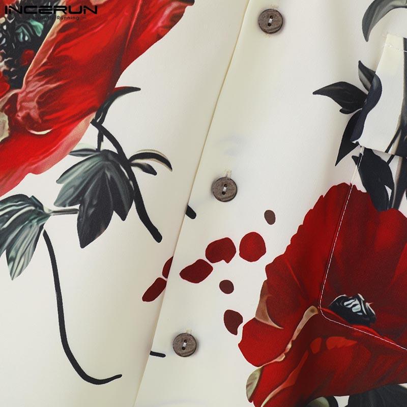 INCERUN Muži leto Turn Dowm golier s kvetinovou potlačou Topy na voľný čas Gombíky Košeľa s krátkym rukávom