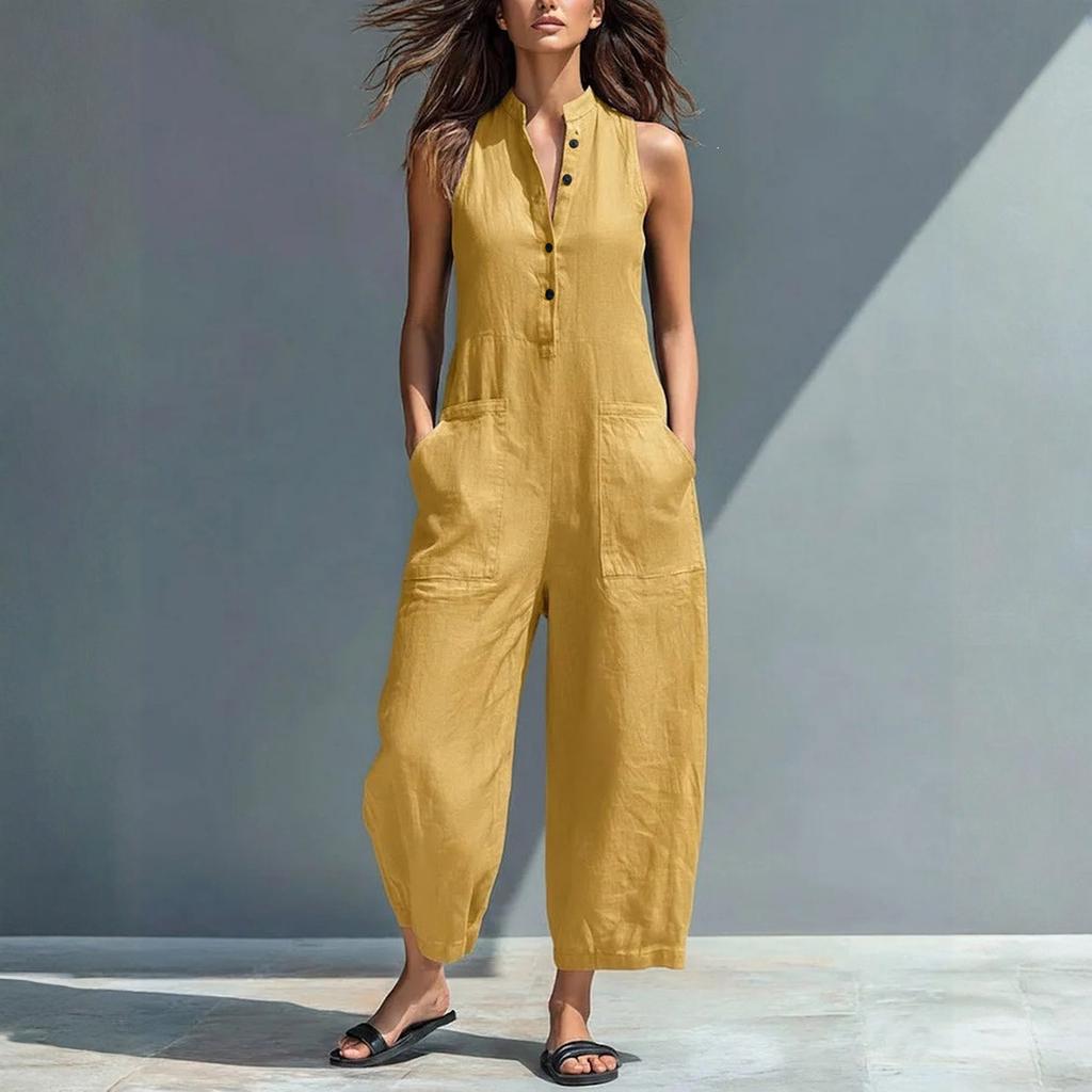Tuta senza maniche con bottoni e gamba larga da donna, casual, vestibilità larga, con tasche, tessuto leggero in lino