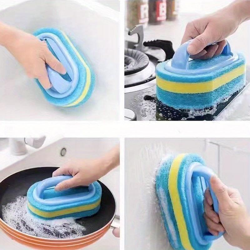 1pc Multi-Purpose Magic Cleaning Sponge with Ergonomic Handle Blue & Yellow Striped Scrubbing Pad for Kitchen, Bathroom,Toilets & Ceramics