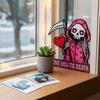 Love You To Die Grim Reaper Window Corner Sticker Vintage Pink Grim Reaper Decal for Windows Walls Bedroom Coffee Shop Decor