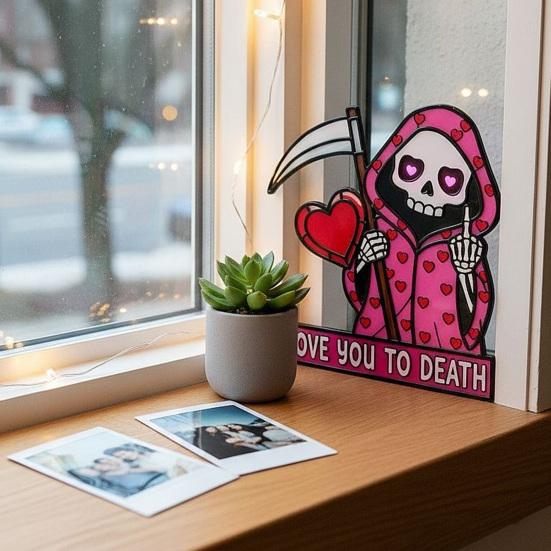 Love You To Die Grim Reaper Window Corner Sticker Vintage Pink Grim Reaper Decal for Windows Walls Bedroom Coffee Shop Decor