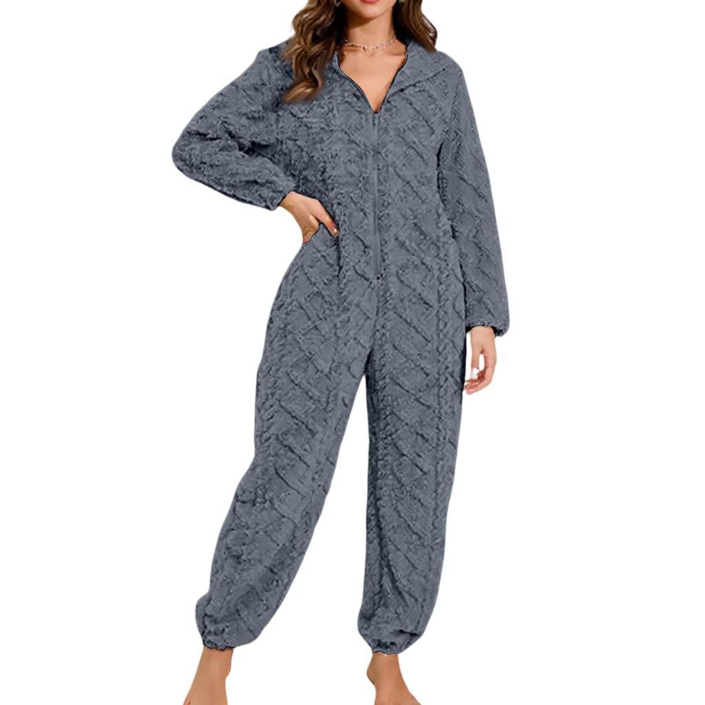 Women's Fashion Solid-Color Plush Loungewear Casual Zipper Hooded Long-Sleeve Jumpsuit Pajamas