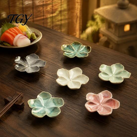 Durable Restaurant Dipping Sauce Plates Cherry Blossom Dish, Ceramic Sushi Soy Bowl, Small Compact Kitchen Side Dishes Decorative Seasoning Appetizer