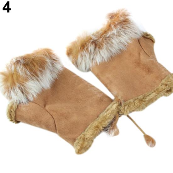 Women's Winter Faux Rabbit Fur Faux Leather Fingerless Mittens Wrist Gloves