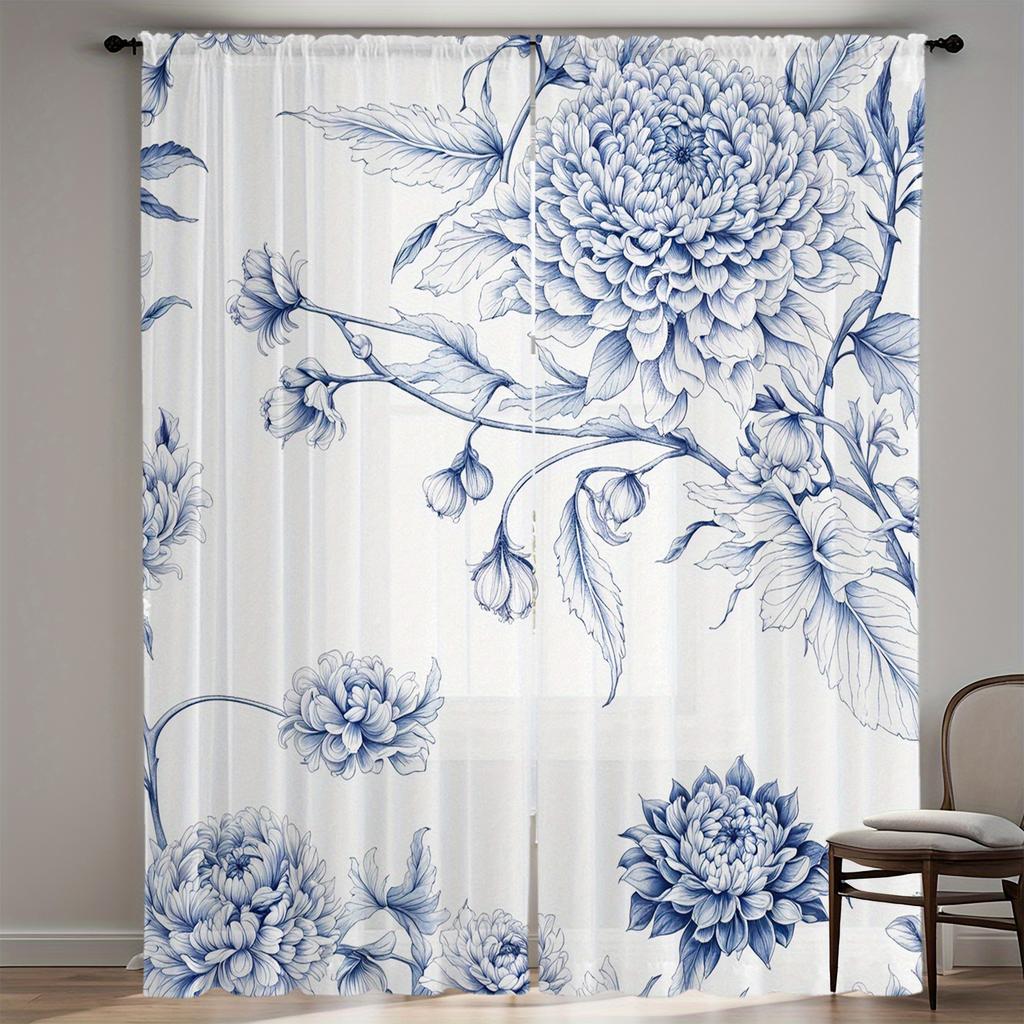 2 Pieces Blue and White Floral Pattern Curtains   Polyester Fabric   Machine Washable   Suitable for Bedroom Living Room Decoration