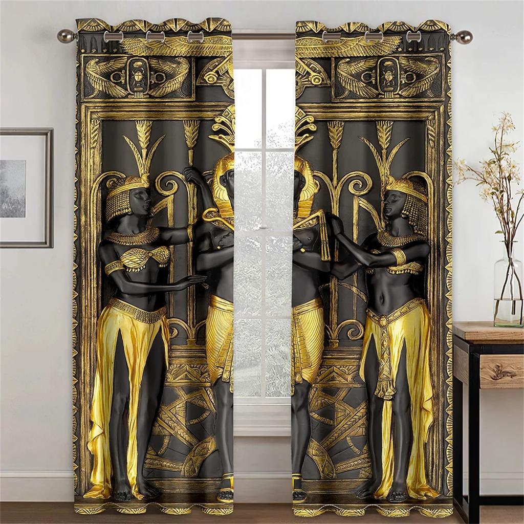 Ancient Egypt Eyes African Pharaoh Lion Black Gold Light Filtering Window Drapes For Living Space Bedroom Space Window Drape Decor