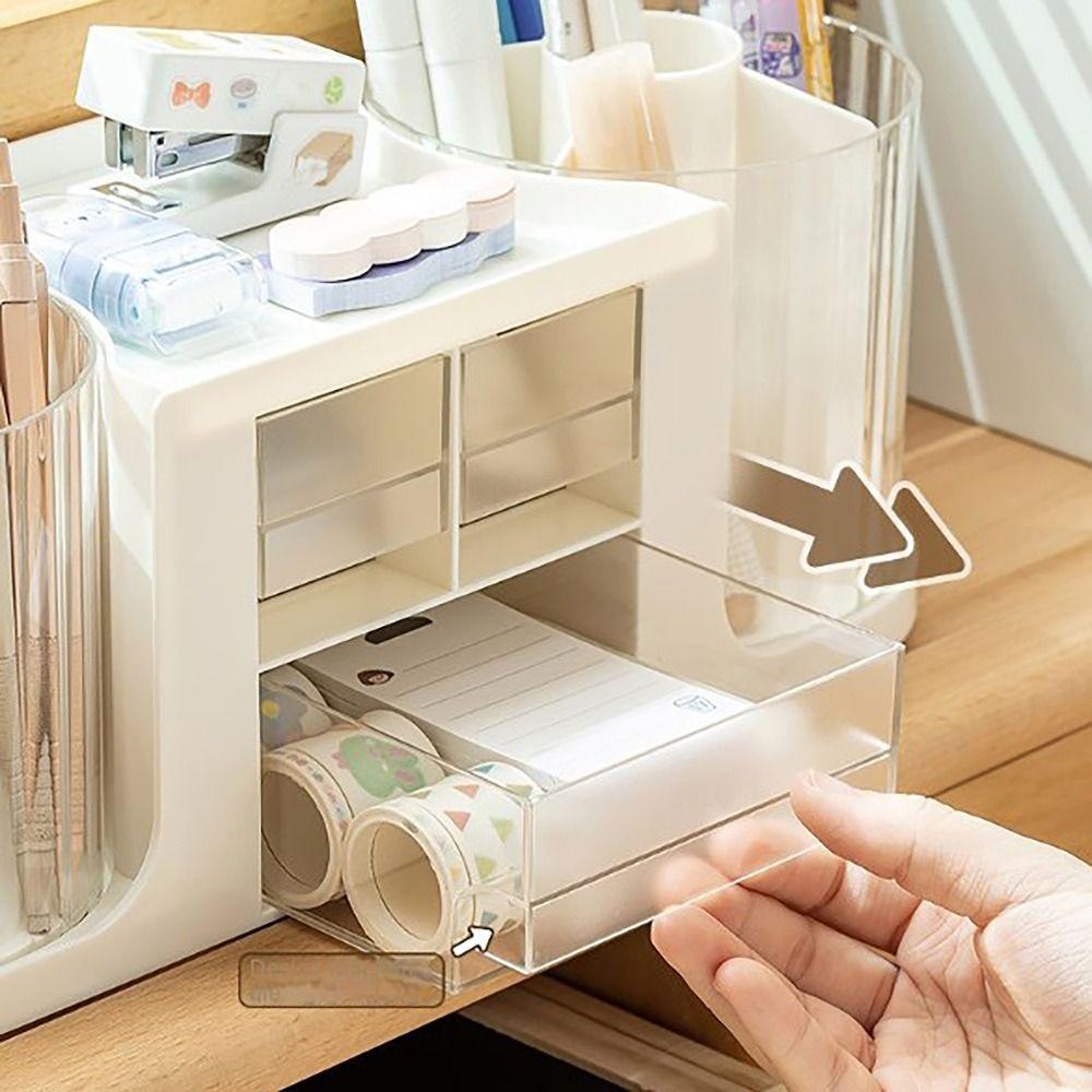 Double Rotation Drawer Pen Holder Desk Stationery Storage Pencil Container Students