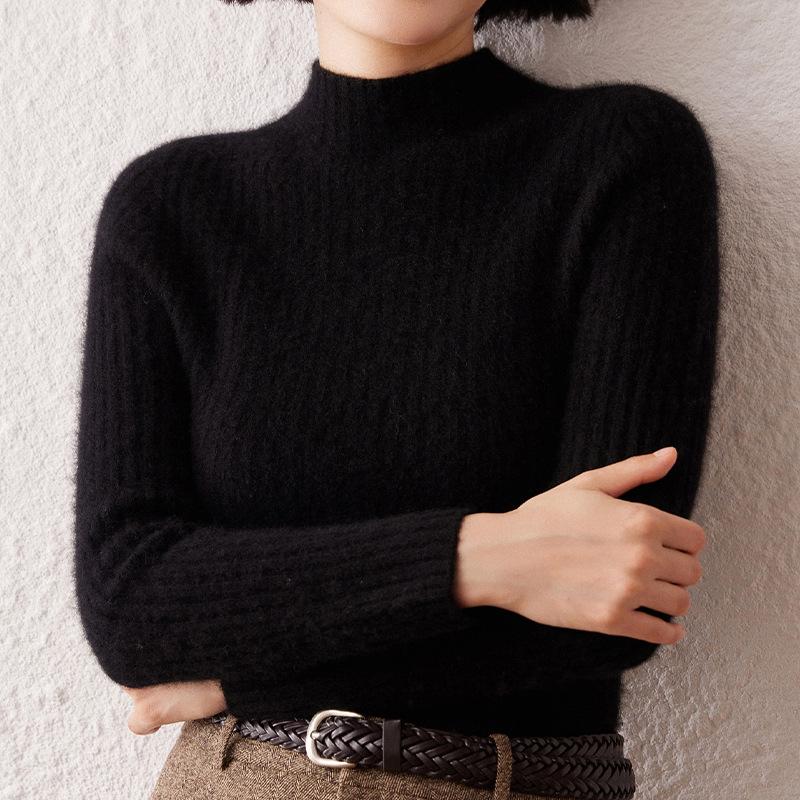 Women's Striped Cashmere Sweater - Autumn/Winter, Half-High Neck, Slim-Fit, Knitted Base Layer