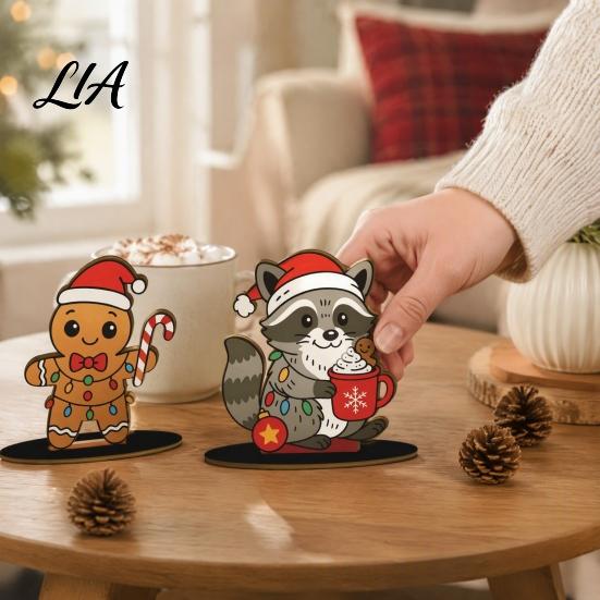 Rustic Wood Ornaments 6Pcs Christmas Wooden Tabletop Ornaments, Stable Base Cartoon Animal/Santa Claus/Gingerbread Holiday Home Accents Man