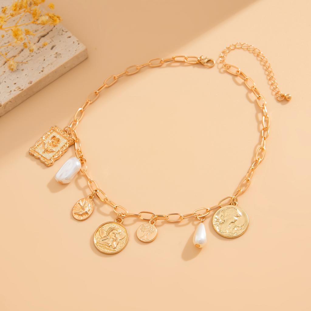 IngeSight.Z Luxury Retro Angel Rose Relief Pendant Choker Necklace Woman Temperament Gold Color Collarbone Female Party Jewelry