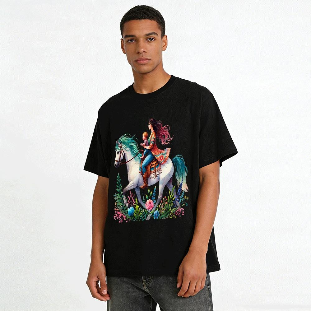 Bohemian Mutter und Kind Reiten Druck Lässiges Oberteil Reines Baumwoll-T-Shirt