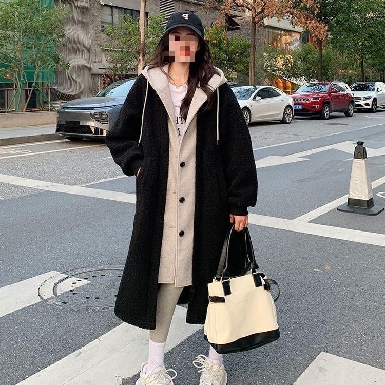 Women Hooded Coat Fake Two Pieces Spring Korean Long Sleeves Lamb Causal Midi Jacket Women Single Breasted Outwears