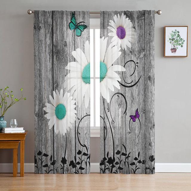 Wood Grain Retro Colorful Butterfly Chiffon Sheer Curtains For Living Room Bedroom Home Decoration Window Voiles Tulle Curtain