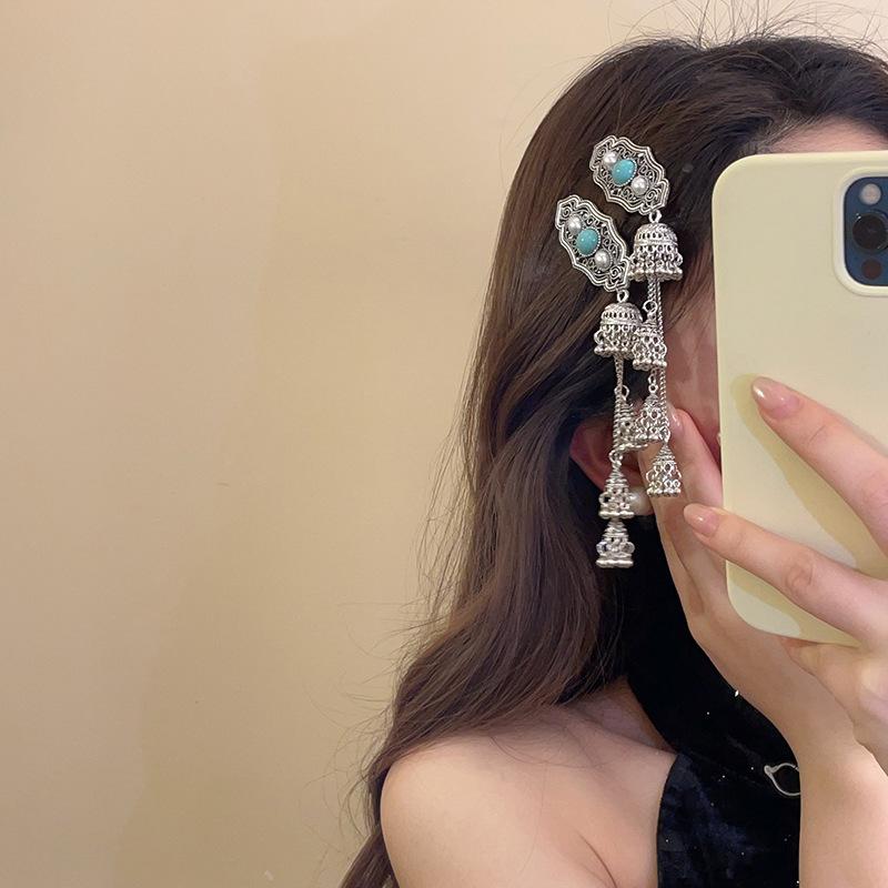 Holiday style retro silver diamond-encrusted wind fringed hair accessories ethnic style bangs hairpin BB clip headgear travel
