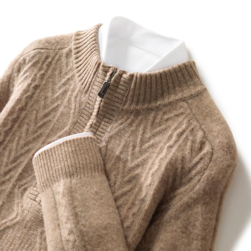 New Autumn and Winter Youth Men's Pure Wool Zipper Collar Knitted Warm Sweater Half Zipper Pullover Knitted Sweater