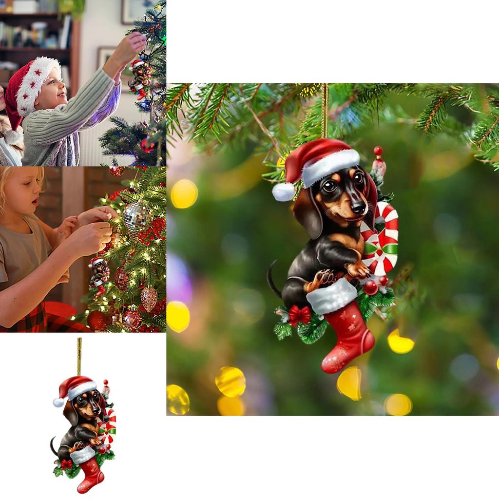 Acrylic Christmas Dachshund Car Pendant With Cute Cartoon Style For Auto Interior Decor