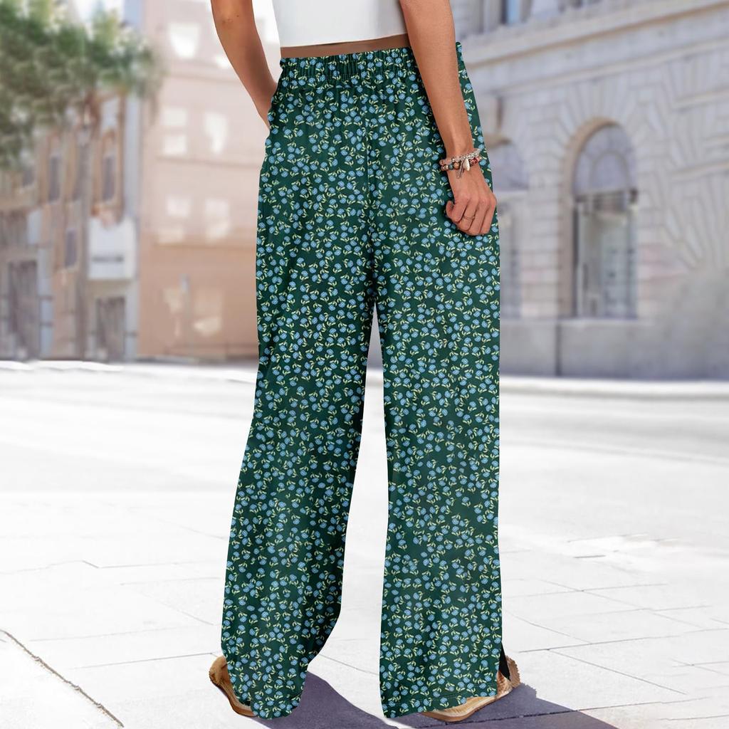 Damen Sommer Boho Palazzo Hose Hohe Taille Weites Bein Blumendruck Freizeithose Mit Taschen