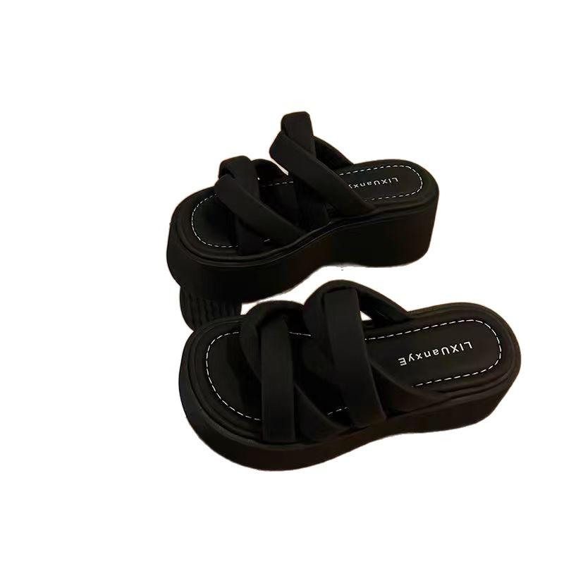 Thick bottom heightening cool slippers women's summer wear 2025 new muffin bottom slope heel with skirt heightening beach drag women