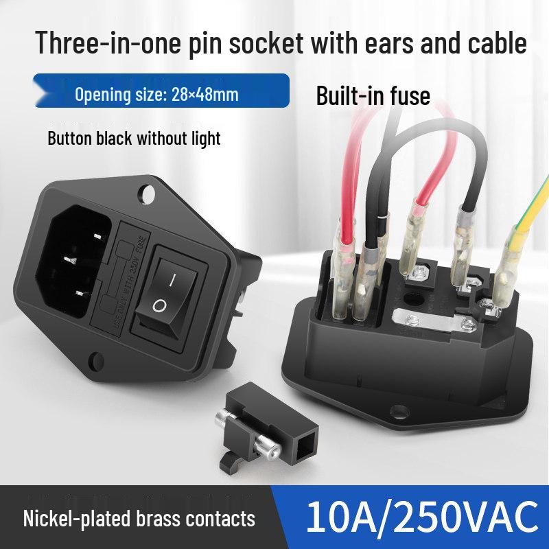 Huijun Electric 3-in-1 Pin-Type Socket with Ear, Nickel-Plated Brass Contacts, 3C Certified, 10A/250V