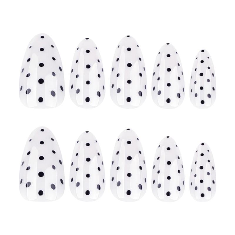 24Piece Black Dot Artificial Nail White Base Press On Nail Breathable Fake Nail For Office Party Wedding Wear