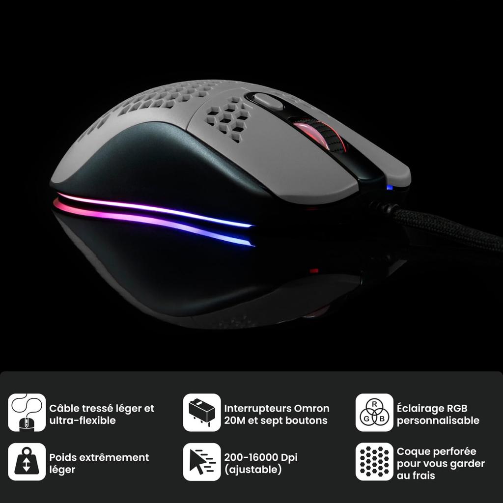 Arozzi Favo Grau Gaming Waben 7 RGB Maus, Leichtgewicht, Design, Tasten, Beleuchtung, AZ-FAVO-BKGY (grau)