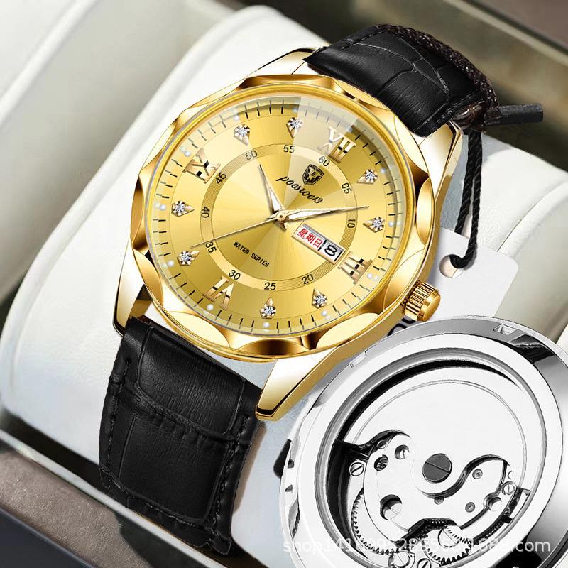 Lysende automatisk mekanisk klokke for menn med dobbel kalender, skjelettdesign, fasjonabelt belte og vanntett kvarts.