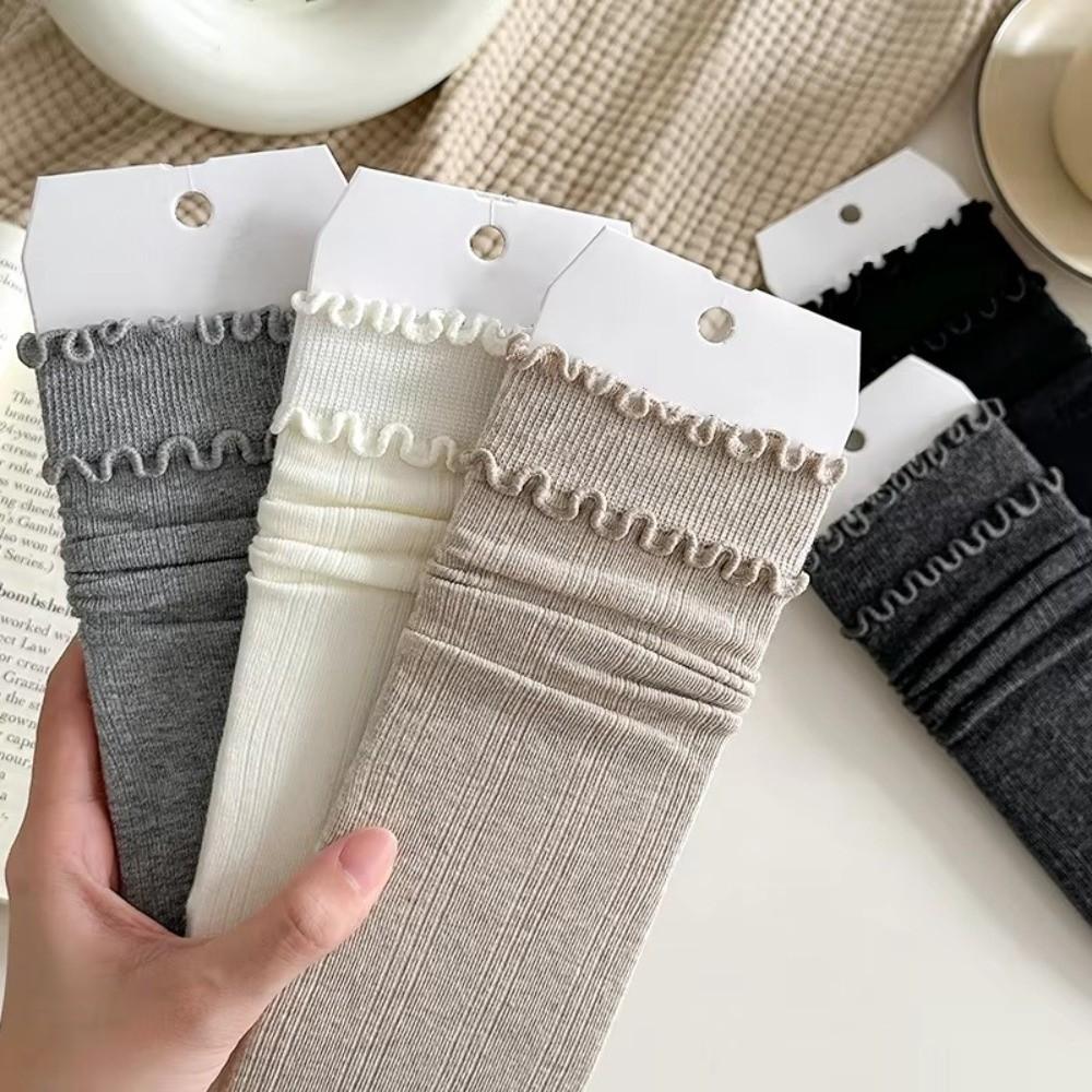 1 Pair Solid Color Ruffle Socks Vertical Stripes Korean Style Socks Comfy Frilly Socks  Daily Wear