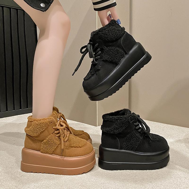 Cizme de zăpadă calde la modă pentru femei 2024 pantofi căptușiți din bumbac cu pluș de iarnă femei cu toc înalt 7 cm pantofi din piele cu platformă gros
