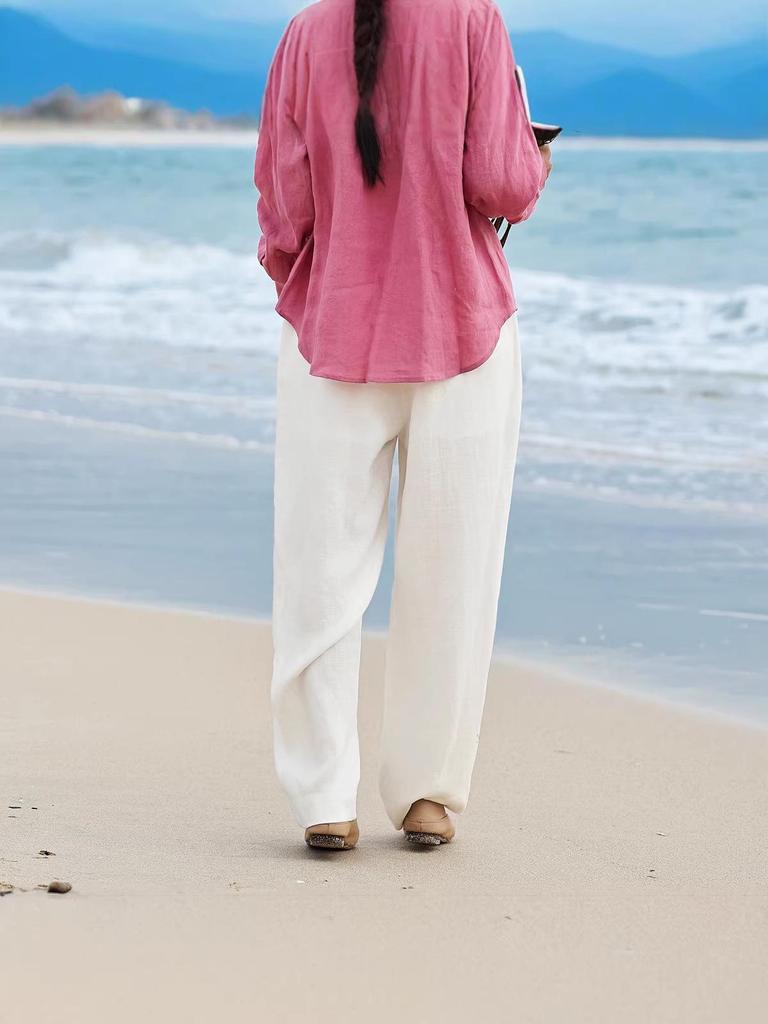 2026 Spring/Summer Tencel Linen Wide-Leg Women's Pants with Contrast Stitching